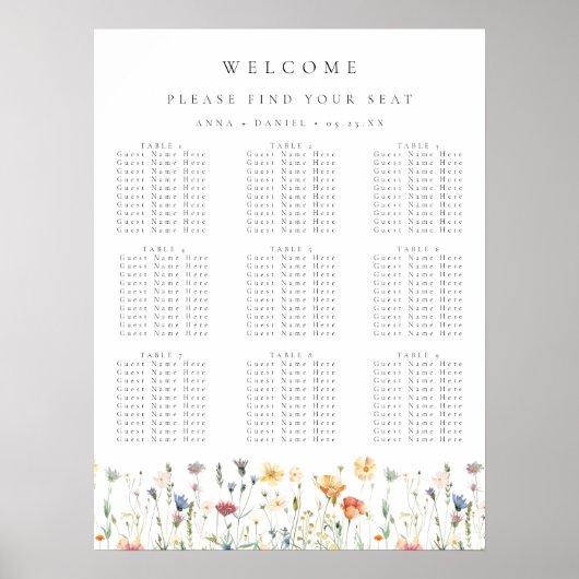 Poster Plan de table de mariage à fleurs sauvages Boho Sp (Devant)