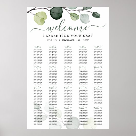 Poster Plan de table de mariage à la verdure d'eucalyptus (Devant)