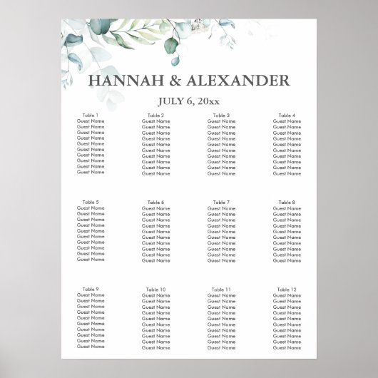 Poster Plan de table de mariage à la verdure d'eucalyptus (Devant)
