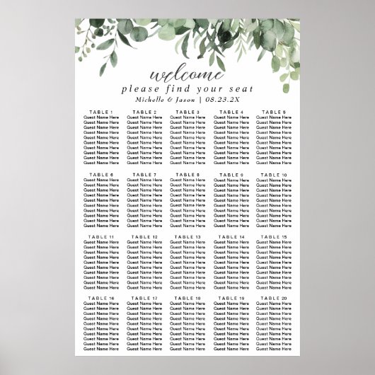 Poster Plan de table de mariage à la verdure d'eucalyptus (Devant)