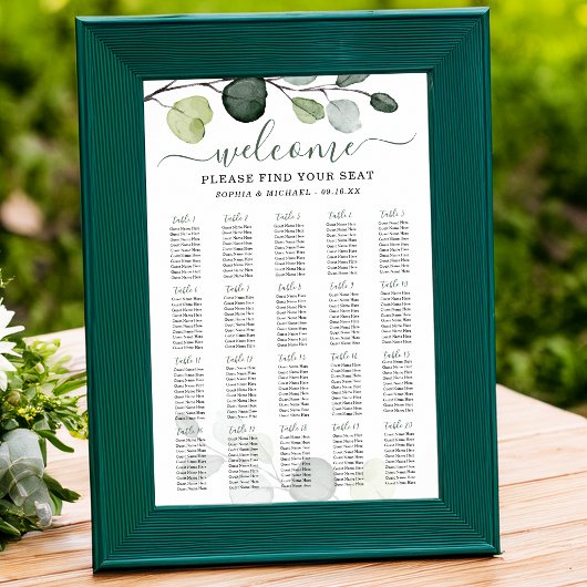 Poster Plan de table de mariage à la verdure d'eucalyptus