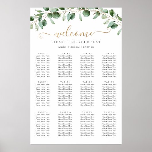 Poster Plan de table de mariage à la verdure d'eucalyptus (Devant)