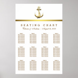 Poster Plan de table de mariage à l'ancre en or Nautical