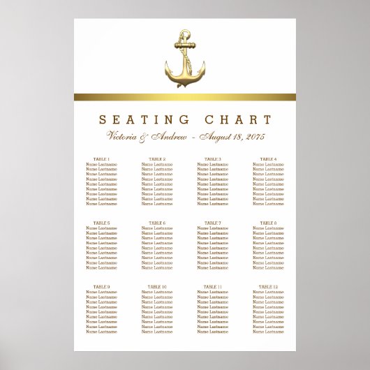 Poster Plan de table de mariage à l'ancre en or Nautical  (Devant)