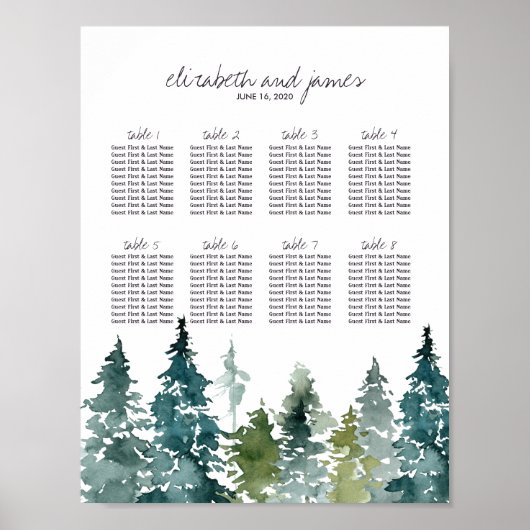 Poster Plan de table de mariage à l'aquarelle minimaliste (Devant)