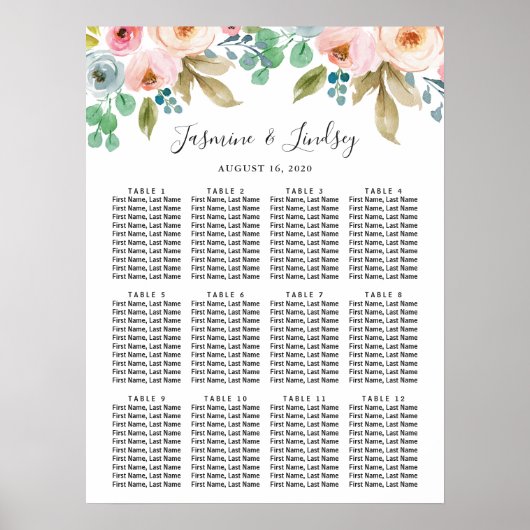 Poster Plan de table de mariage à l'aquarelle pastel (Devant)