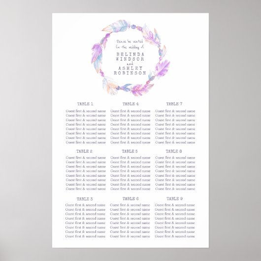 Poster Plan de table de mariage à l'aquarelle plume viole (Devant)