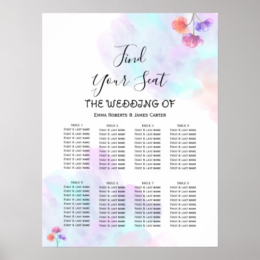 Poster Plan de table de mariage à l'aquarelle rose bleu (Devant)