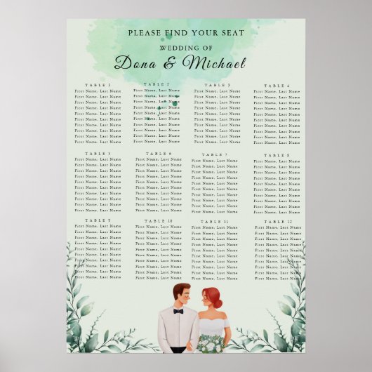 Poster Plan de table de mariage à l'aquarelle verte perso (Devant)