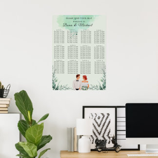 Poster Plan de table de mariage à l'aquarelle verte perso