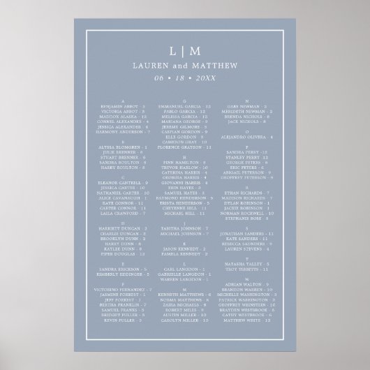Poster Plan de table de mariage à monogramme bleu poussié (Devant)
