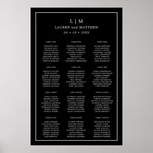 Poster Plan de table de mariage à monogramme noir simple (Devant)