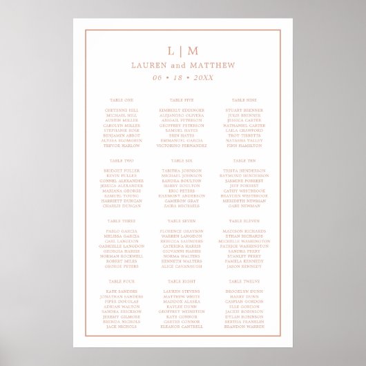 Poster Plan de table de mariage à monogramme rose simple (Devant)