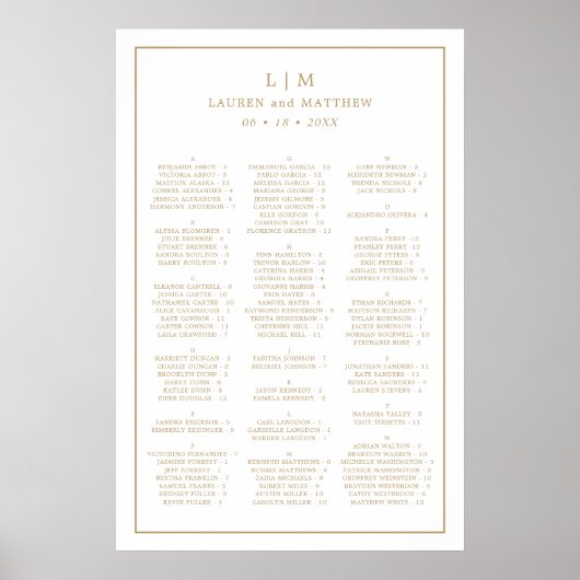 Poster Plan de table de mariage à monogramme simple en or (Devant)