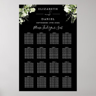 Poster Plan de table de mariage à verdure noir et blanc