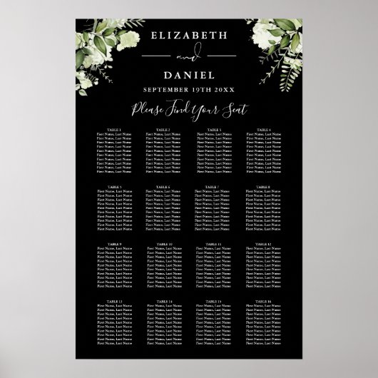 Poster Plan de table de mariage à verdure noir et blanc (Devant)