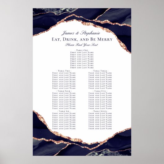 Poster Plan de table de mariage agate bleu marine or rose (Devant)