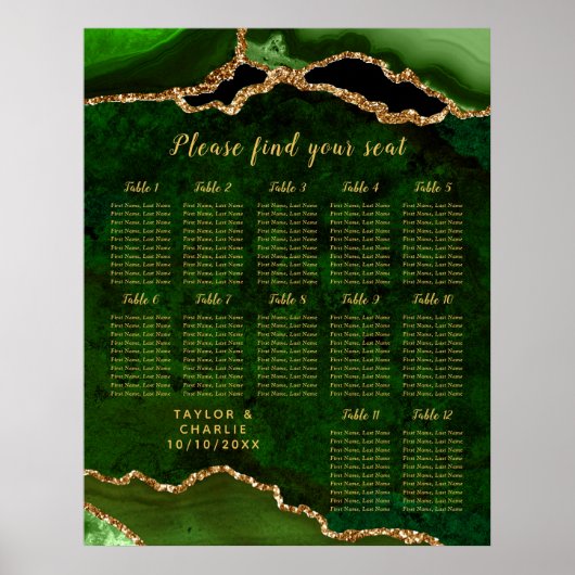 Poster Plan de table de mariage Agate Or Vert 12 tables (Devant)