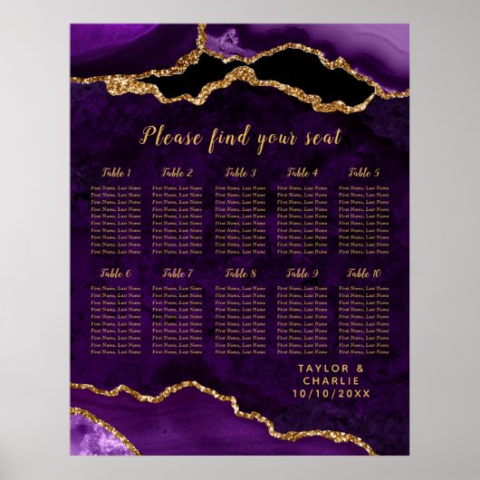 Poster Plan de table de mariage Agate Or Violet 10 tables (Devant)