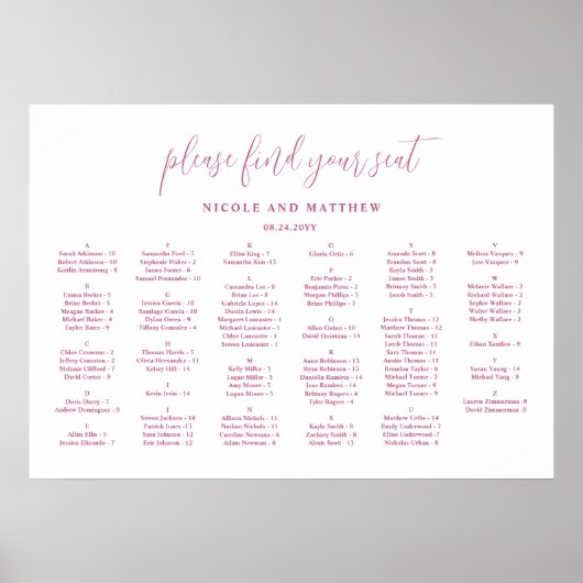 Poster Plan de table de mariage alphabétique blanc chic r (Devant)