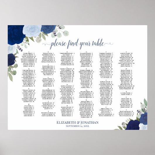 Poster Plan de table de mariage alphabetique Blue Boho Ro (Devant)