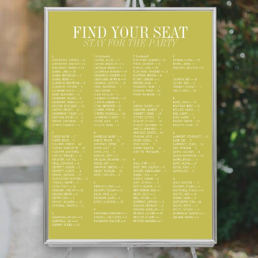 Poster Plan de table de mariage alphabétique Chartreuse