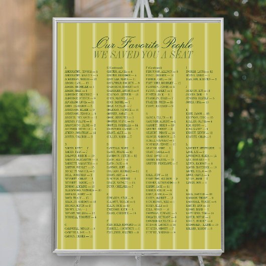 Poster Plan de table de mariage alphabétique Chartreuse