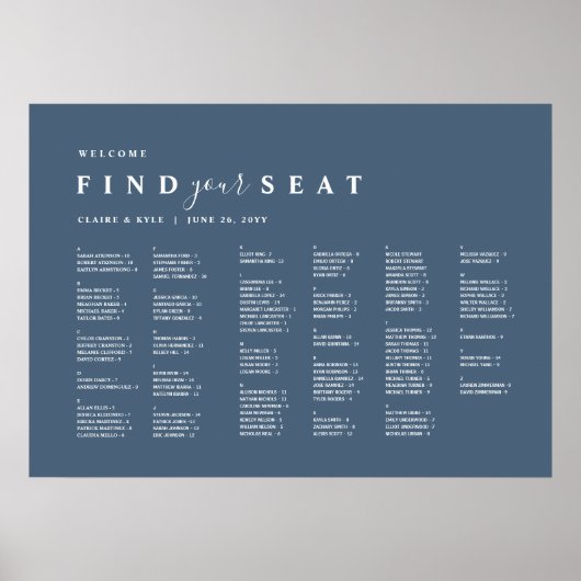Poster Plan de table de mariage alphabétique minimal bleu (Devant)