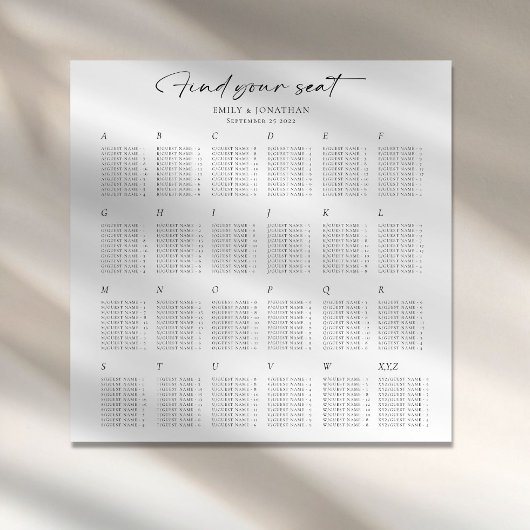 Poster Plan de table de mariage alphabétique minimaliste