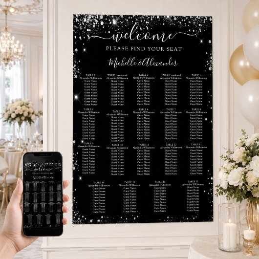 Poster Plan de table de mariage argent noir 19 tables