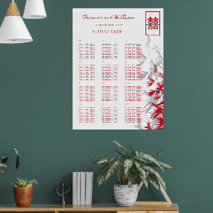 Poster Plan de table de mariage asiatique aux feuilles de