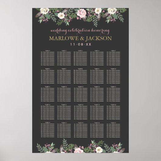 Poster Plan de table de mariage au charbon floral blush é (Devant)