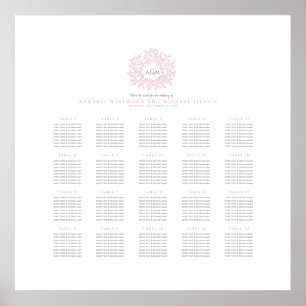 Poster Plan de table de mariage au monogramme rose blush