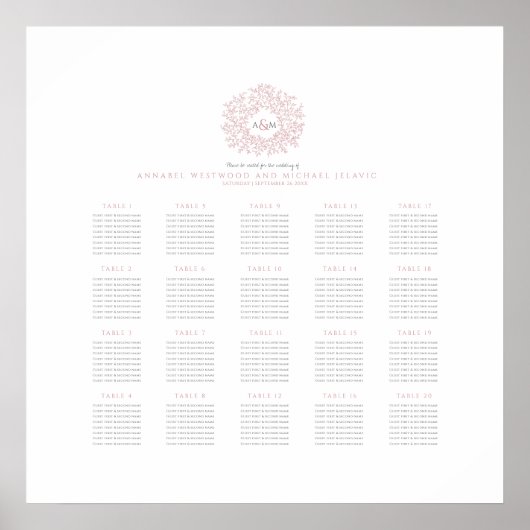 Poster Plan de table de mariage au monogramme rose blush (Devant)