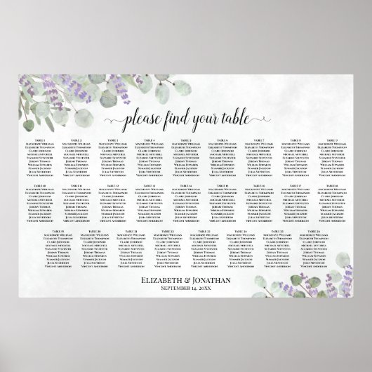 Poster Plan de table de mariage aux 26 tables Lavande Euc (Devant)
