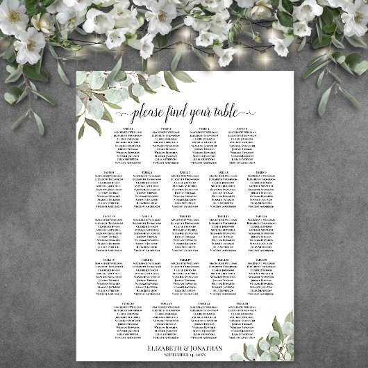 Poster Plan de table de mariage aux feuilles d'eucalyptus