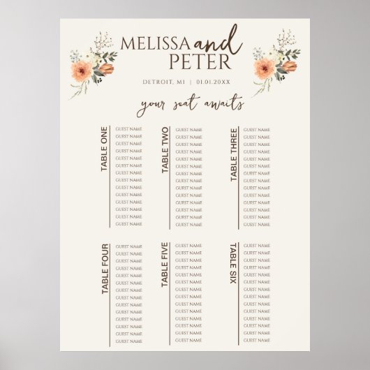 Poster Plan de table de mariage aux fleurs sauvages (Devant)