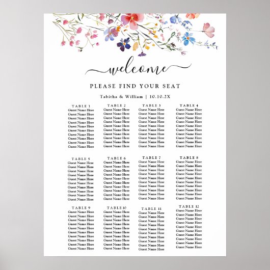 Poster Plan de table de mariage aux fleurs sauvages Boho (Devant)