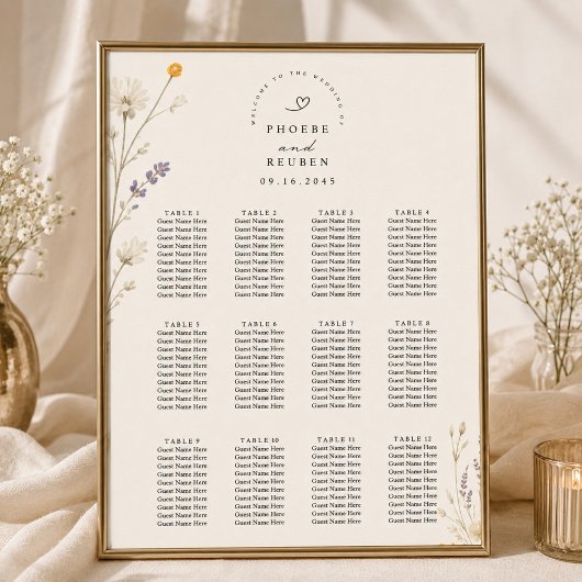 Poster Plan de table de mariage aux fleurs sauvages éléga