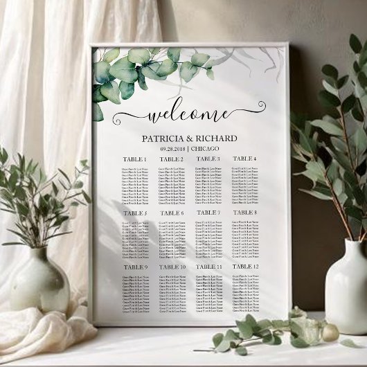 Poster Plan de table de mariage avec 12 tables et verdure