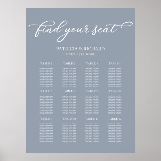 Poster Plan de table de mariage avec 12 tables Panneau Bl (Devant)