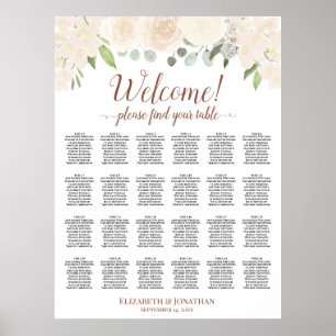 Poster Plan de table de mariage avec 24 tables Roses Boho
