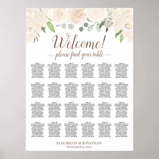 Poster Plan de table de mariage avec 24 tables Roses Boho (Devant)