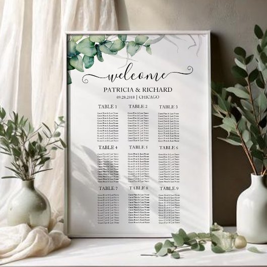Poster Plan de table de mariage avec 9 tables et verdure 