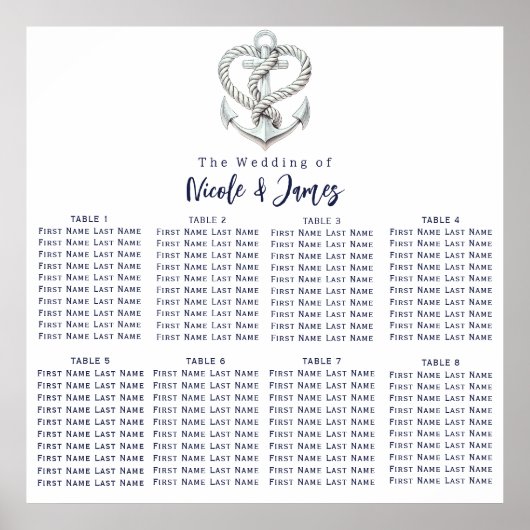 Poster Plan de table de mariage avec corde d'ancre de cœu (Devant)