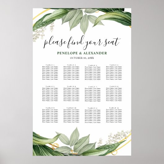 Poster Plan de table de mariage avec feuilles de verdure (Devant)
