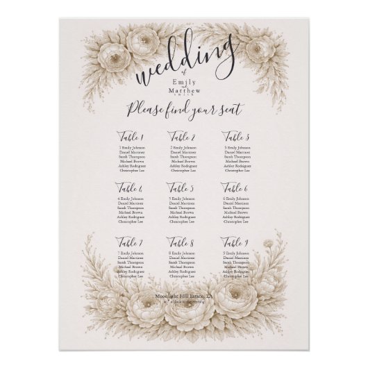 Poster Plan de table de mariage avec gravure botanique Ré (Devant)