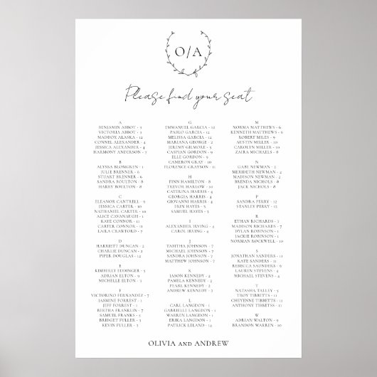 Poster Plan de table de mariage avec monogramme en forme (Devant)