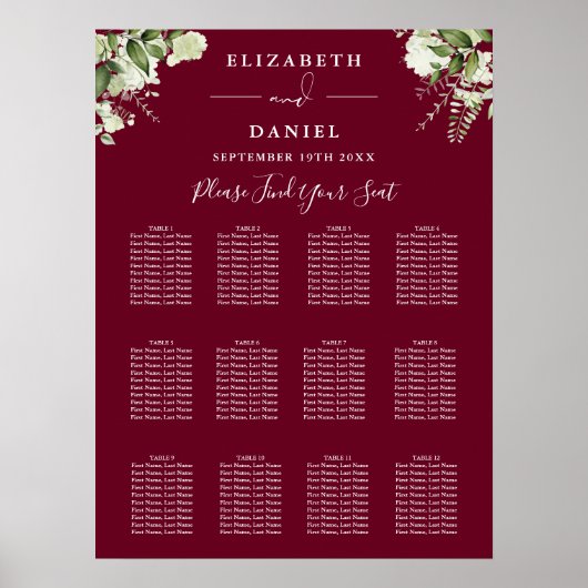 Poster Plan de table de mariage avec verdure en bordeaux (Devant)