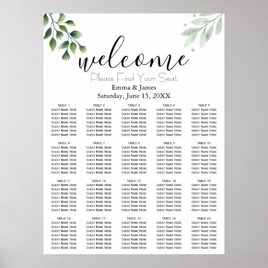 Poster Plan de table de mariage avec verdure moderne (Devant)